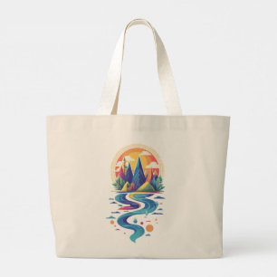 Zonovergoten toppen en stromende rivier grote tote bag