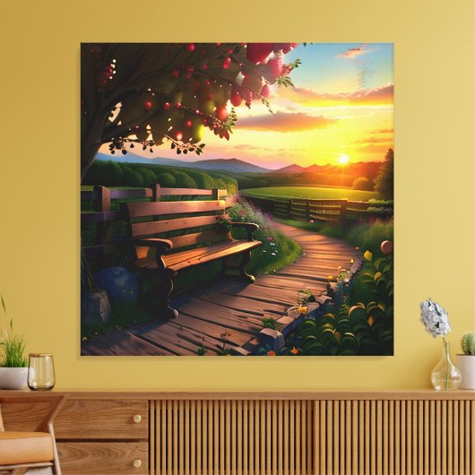 Zonsondergang Berglandschap met Apple en Pad Canvas Afdruk (Insitu (Woonkamer))