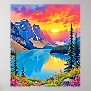 Zonsondergang Bergmeer Majesteit Kunst Poster