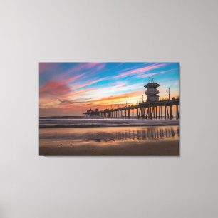 Zonsondergang bij de Huntington Beach Pier in Cali Canvas Afdruk