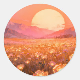 Zonsondergang Bloemveld Ronde Sticker
