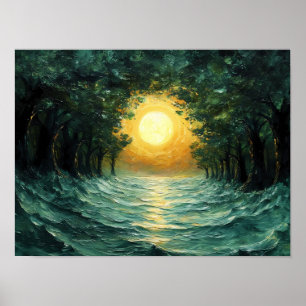 Zonsondergang Bosreflectie – Abstracte Gouden Zon Poster