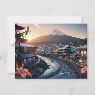 Zonsondergang boven het dorp Fuji Briefkaart