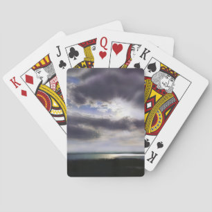 Zonsondergang boven het meer waterverf schilderij pokerkaarten