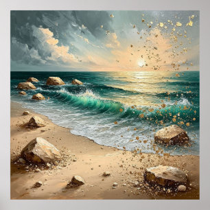 Zonsondergang boven oceaangolven en rotsachtige ku poster