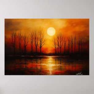 Zonsondergang boven reflecterend water poster