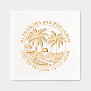 Zonsondergang boven strand, palmbomen bruidspaar folie servetten