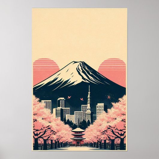 Zonsondergang boven Tokio met kersenbloesems Poster (Voorkant)