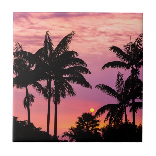 Zonsondergang door palmbomen tegeltje (Voorkant)