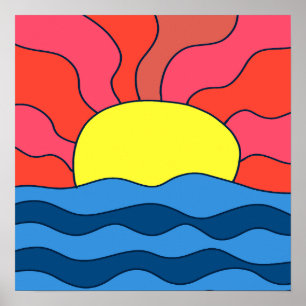 Zonsondergang en golven poster