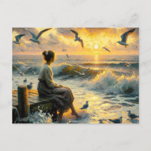 Zonsondergang en meeuwen briefkaart