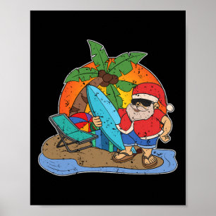 Zonsondergang Grappige Kerstman Surfer Hawaiaanse  Poster