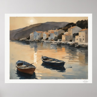 Zonsondergang Haven Reflectie Olie Schilderij Kuns Poster