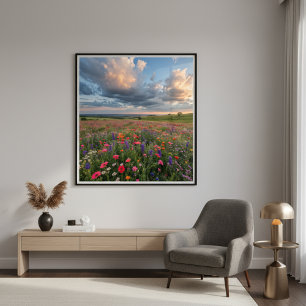 Zonsondergang in levendig bloemenveld perfect poster