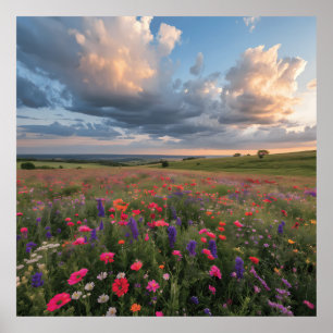 Zonsondergang in levendig bloemenveld  poster