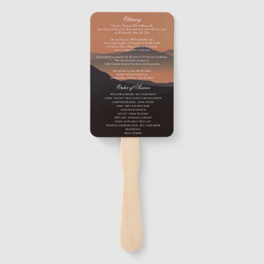 Zonsondergang in liefdevol geheugen begrafenisprog handwaaier (Achterkant)