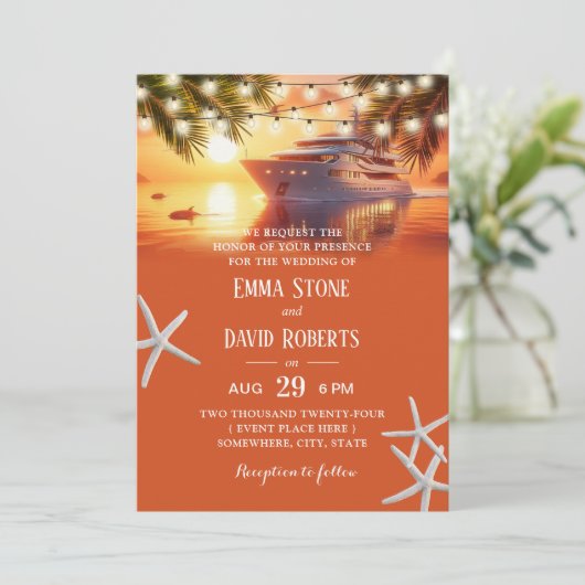 Zonsondergang Jacht & Palm Trees Tropische Strand Kaart (Staand voorkant)