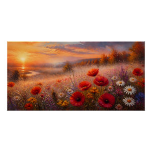 Zonsondergang Klaprozenveld Impressionistisch Schi Perfect Poster