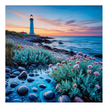 Zonsondergang met levendige bloemen en gladde sten