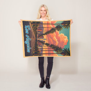 Zonsondergang met palmboom en skyline van Los Ange Fleece Deken