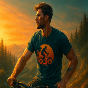 Zonsondergang Mountain Biker Retro Kunst T-shirt