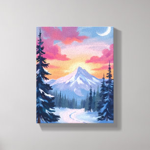 Zonsondergang op besneeuwde top Winterlandschaps Canvas Afdruk