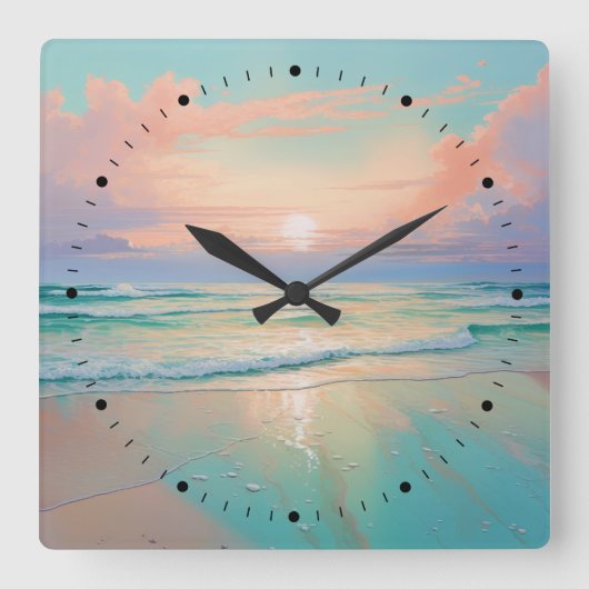 Zonsondergang op een rustig strandlandschap vierkante klok (Voorkant)