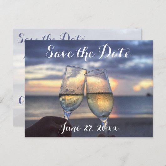 Zonsondergang op het strand Save The Dates Aankondigingskaart (Voorkant / Achterkant)