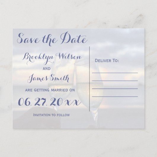 Zonsondergang op het strand Save The Dates Aankondigingskaart (Achterkant)