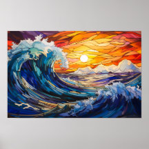 Zonsondergang over de stormende oceaan, glas in lo