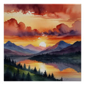 Zonsondergang over de Waterverf van de bergen Perfect Poster (Voorkant)