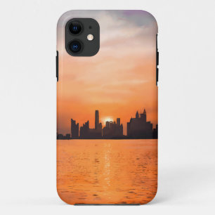 Zonsondergang over een kuststad - waterverf iPhone 11 hoesje
