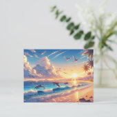 Zonsondergang over een tropisch strand met dolfijn briefkaart (Staand voorkant)