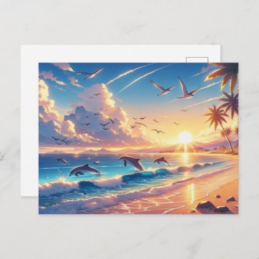 Zonsondergang over een tropisch strand met dolfijn briefkaart (Voorkant / Achterkant)