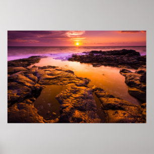 Zonsondergang over getijdenpoelen, Hawaï Poster