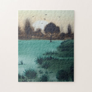 zonsondergang over mysterieuze bosrijke landschaps legpuzzel