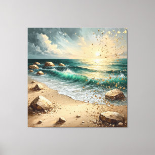 Zonsondergang over oceaan golven en rotsachtige ku canvas afdruk