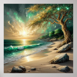 Zonsondergang over rustig strand met mystieke boom poster