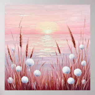 Zonsondergang over veld met paardenbloemen poster