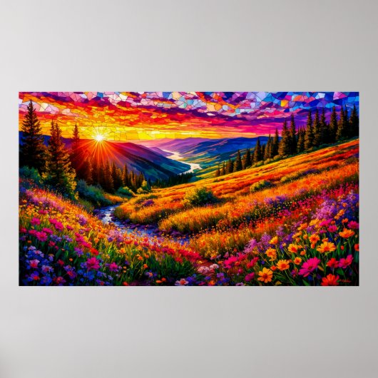 Zonsondergang over weide met wilde bloemen 🌅 Kleu Poster (Voorkant)