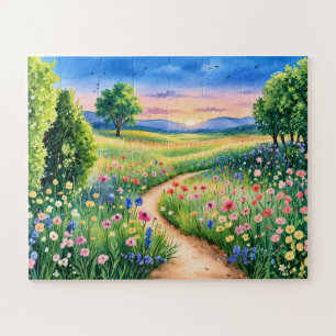 Zonsondergang Pad Door een Bloemenweide Legpuzzel