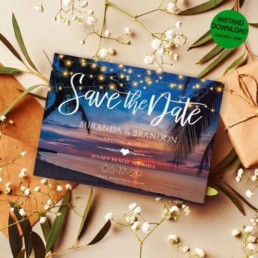 Zonsondergang Palm String Lights Tropische Strand  Save The Date