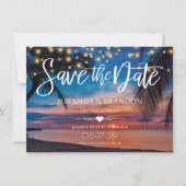 Zonsondergang Palm String Lights Tropische Strand  Save The Date (Voorkant)