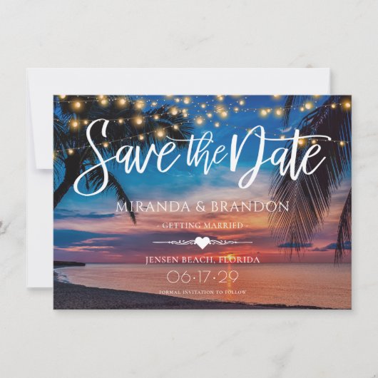Zonsondergang Palm String Lights Tropische Strand  Save The Date (Voorkant)