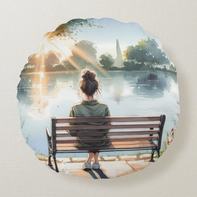 Zonsondergang Reflecties Meer Scene Rond Kussen (Voorkant)