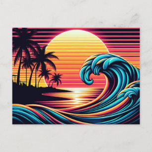 Zonsondergang Retro Surf Wave Briefkaart