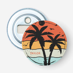 Zonsondergang Retro Vintage Strand Palmboom Button Flesopener