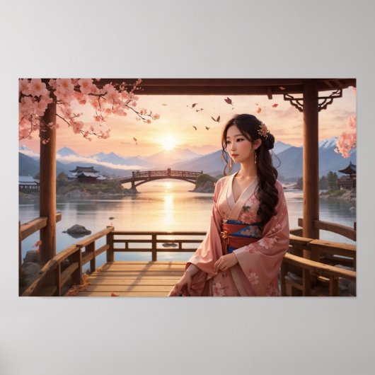 Zonsondergang Sakura Tree met mooie Aziatische vro Poster (Voorkant)
