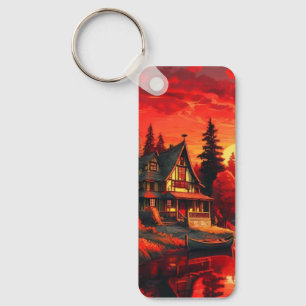 Zonsondergang Schilderen met Cottage en Lake-66633 Sleutelhanger