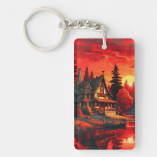 Zonsondergang Schilderen met Cottage en Lake-66633 Sleutelhanger